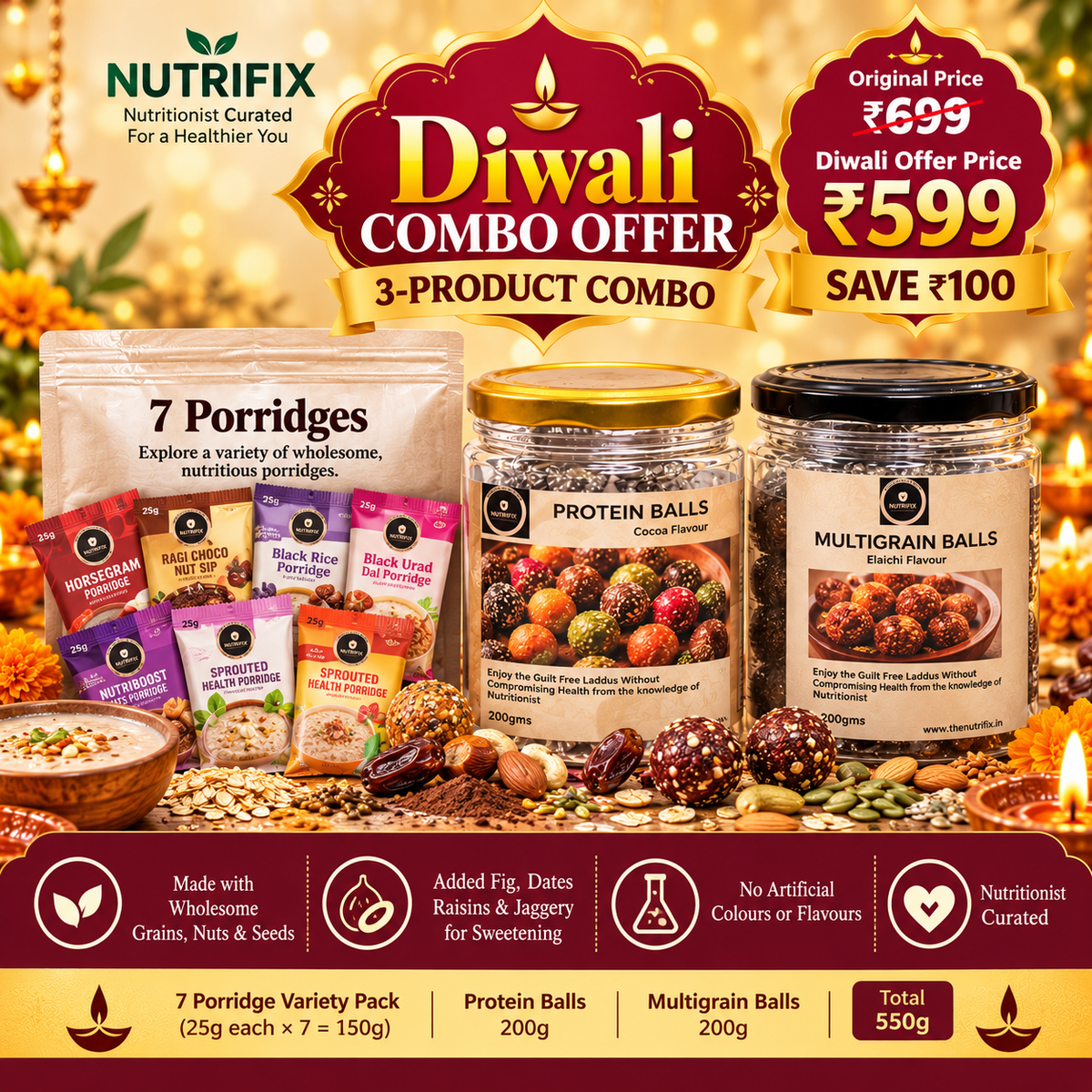 Nutrifix Wellness Combo – 7 Porridge Varieties + 2 Laddu Boxed Variety of Protein Balls and Multi grain Balls.
